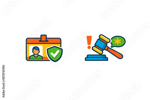Identity security and legal gavel icons on a gradient background