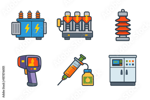 Industrial and Medical Equipment Icons on Dark Background