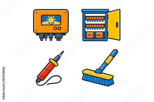 Set of four icons representing electrical equipment and tools