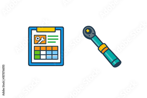 Clipboard with wrench icon and torque wrench