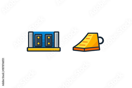 Two cartoon icons: server rack and car wheel chock