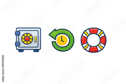 Set of three icons: safe, clock with refresh arrow, and lifebuoy