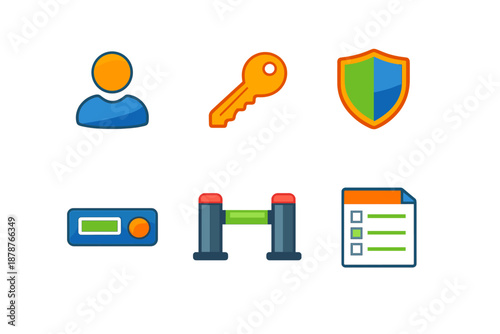 Collection of stylized icons representing security, access, and task management
