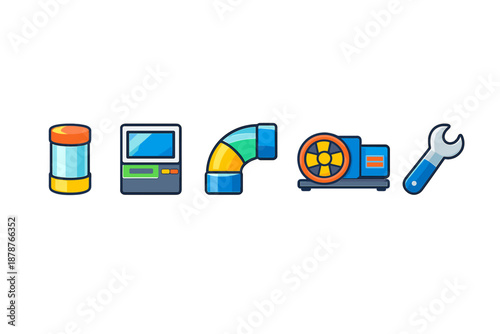 Set of industrial icons with machinery and tools