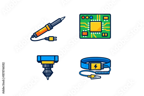 Set of four electronic repair icons on a dark background
