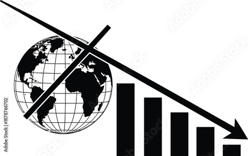 Black and white globe with downward trending bar graph and diagonal cross