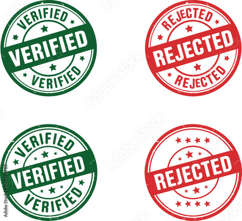 Verified Rejected Rubber Stamp Set. Featuring green VERIFIED and red REJECTED circular seals with a worn effect. Indicating confirmation, validation versus denial, refusal. Vector graphic elements
