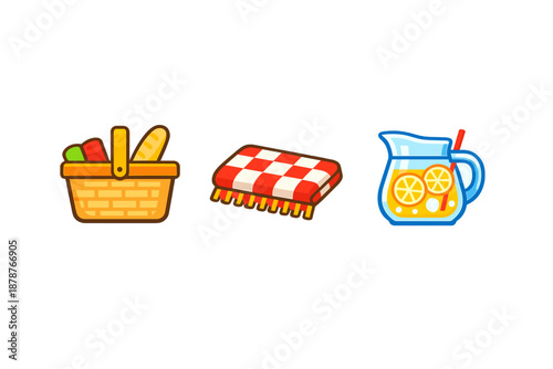 Picnic basket, checkered blanket, and pitcher of lemonade