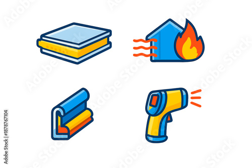 Set of icons representing insulation, fire safety, and temperature measurement.