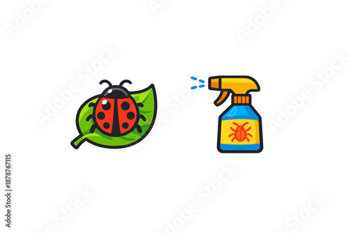 Ladybug on leaf and bug spray icon