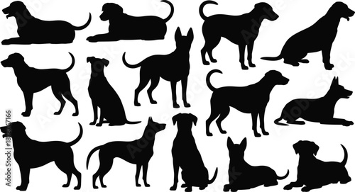 Dog Silhouette Vector Set. Featuring various canine poses standing, walking, sitting, lying, and alert positions. Ideal for pet-related designs, animal illustrations, and domestic themes. Vector set.