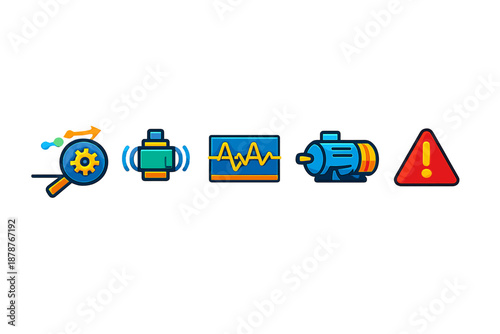 Industrial process icons with motor and warning sign