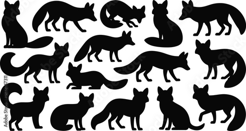 Fox Silhouette Vector Set. Featuring various vulpine poses sitting, standing, walking, and resting. Ideal for wildlife designs, woodland illustrations, and nature-themed projects. Vector graphic.