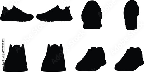 Black Silhouettes of Various Shoe Types Including Sneakers and Boots shoes