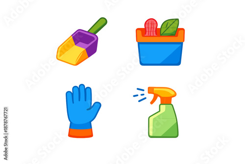 Collection of cleaning icons with glowing outlines