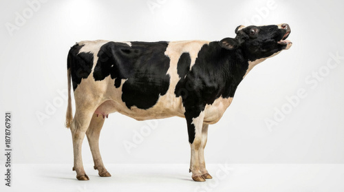 A black and white cow stands in a bright space with its mouth open appearing to moo or make a vocalization of some kind