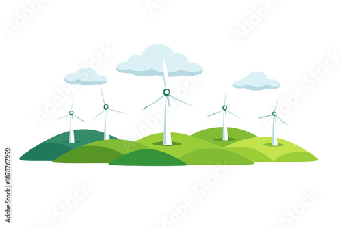 Wind turbines on green hills under cloudy sky