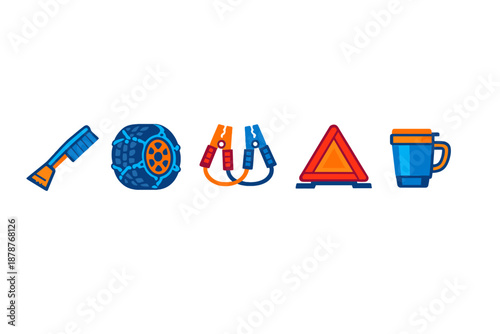 Car emergency kit icons with neon glow on dark background