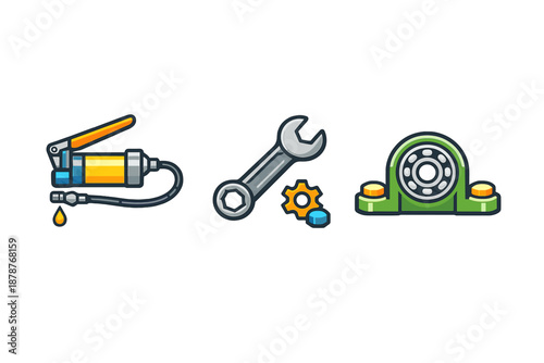 Set of icons: grease gun, wrench and bearing