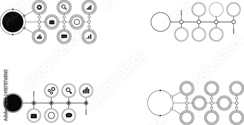 Infographic Timeline Template Set. Featuring various layouts with connected circles, nodes, and placeholders for icons. Illustrating process flow, data visualization, and business presentations. 