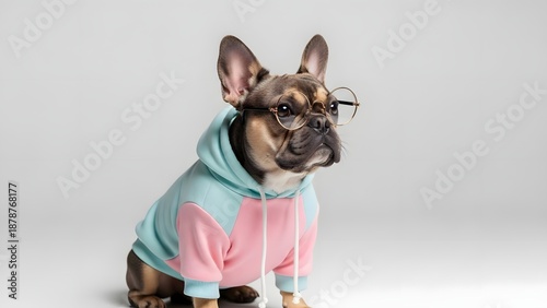 Adorable French Bulldog wearing trendy hoodie and glasses