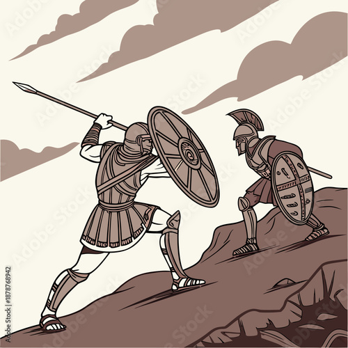 Ancient Greek warriors fighting on hilltop with shields and spears