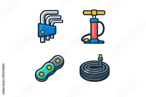 Set of four bicycle repair icons on dark background