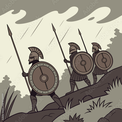 Ancient infantry soldiers with bronze shields and spears marching uphill
