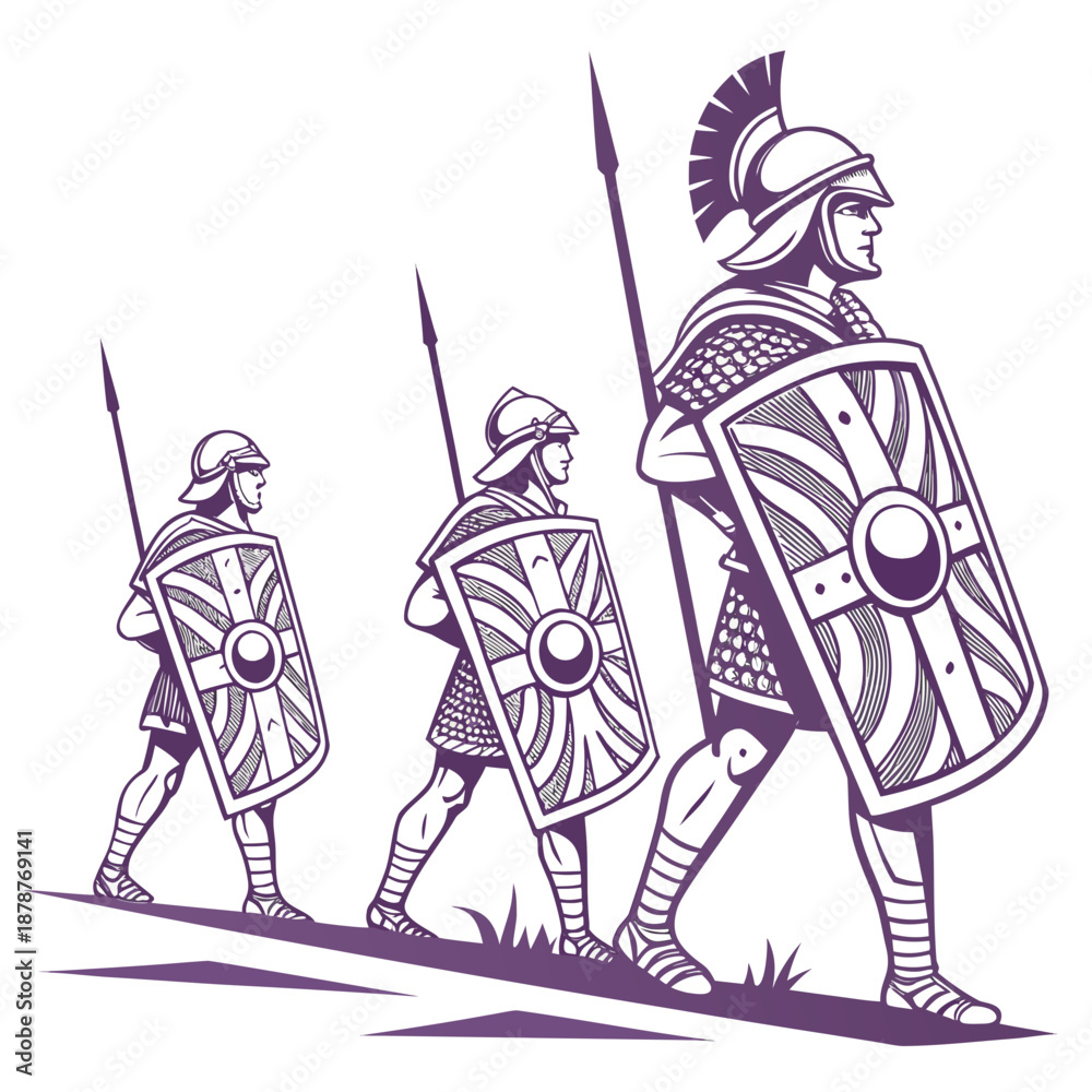 Fototapeta premium Purple of three roman soldiers marching with shields and spears