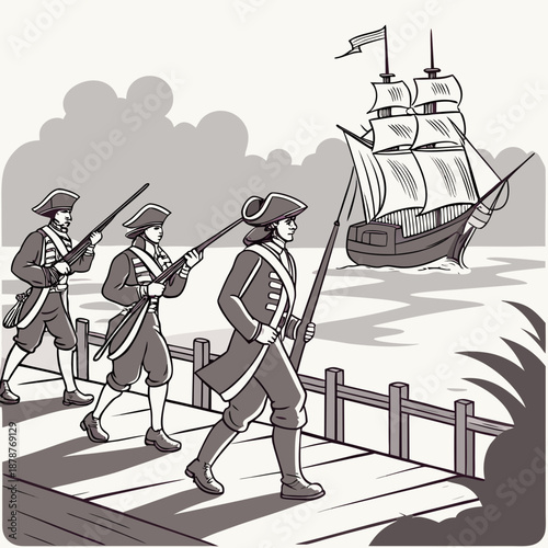 Historical infantry advancing from ship in unison on dock