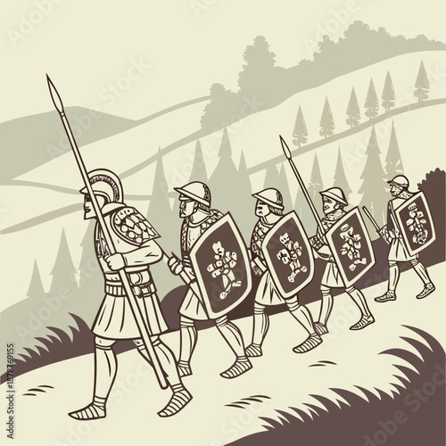 Ancient infantry marching with shields and spears soldiers