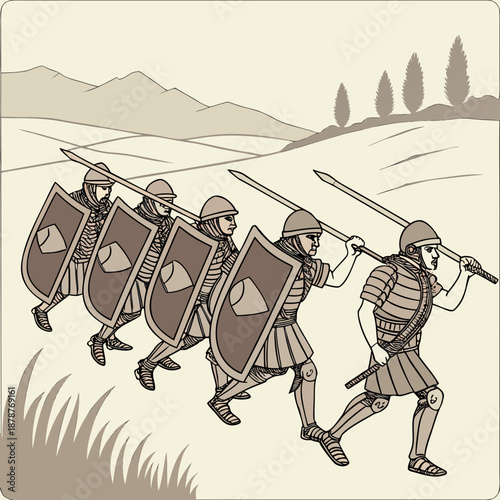 Ancient infantry marching in formation with shields and spears
