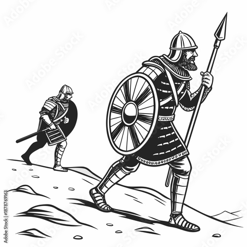 Ancient naval warriors stepping on rocky terrain soldiers