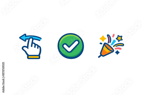 Swipe gesture, checkmark, and party popper icons with glowing effects