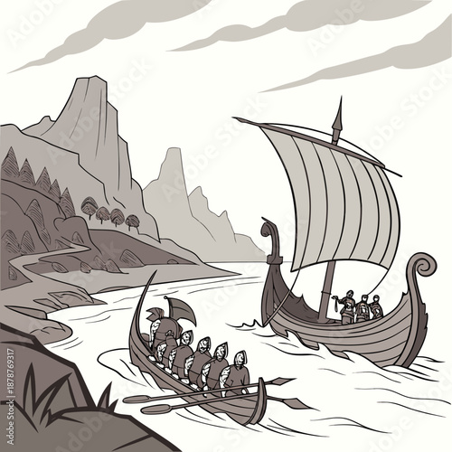 Monochrome of two viking longboats on a river grayscale