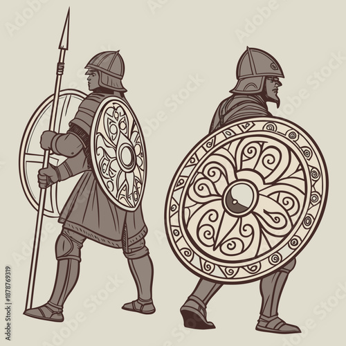 Historical warriors holding round shields and spear