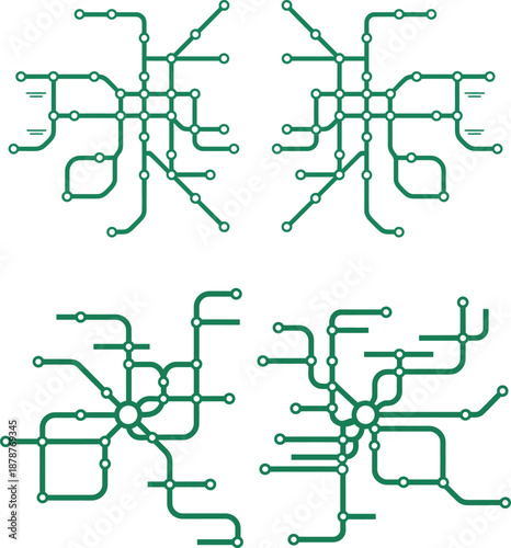 Subway Map Layout Set. Featuring abstract metro, underground, train route diagrams. Illustrating transportation network, urban transit system, and public navigation. Vector design templates.