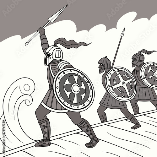 Ancient greek warriors with spears and shields on ship deck