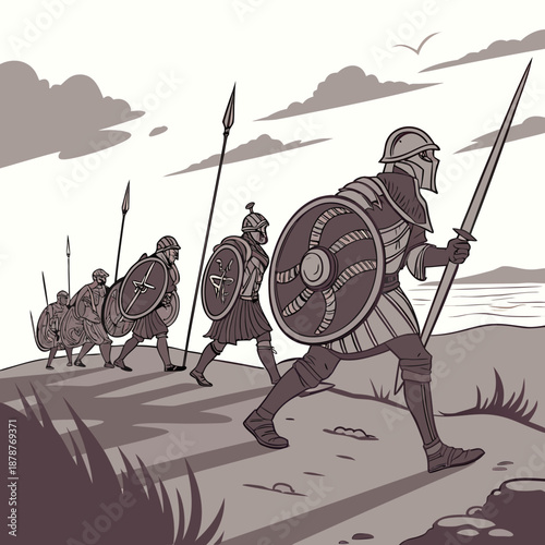 Ancient greek warriors marching on beach with shields and spears