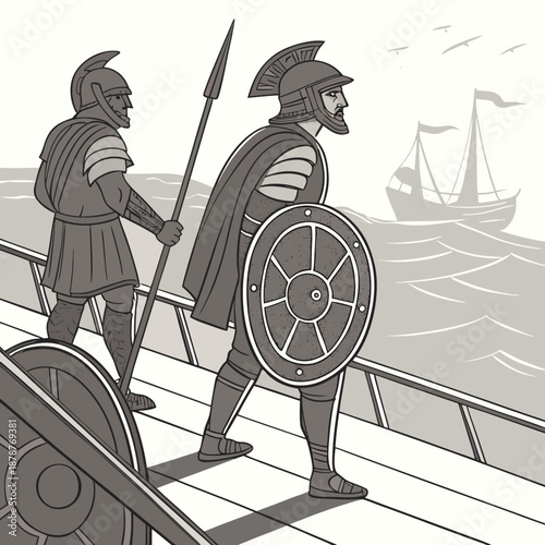 Ancient roman soldiers on ship deck with shields and spear
