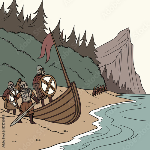 Ancient Viking warriors landing on beach with longboat