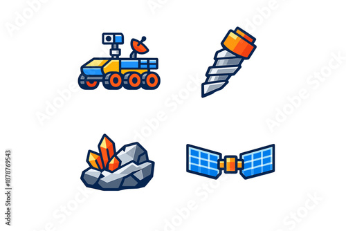 Space exploration icons: rover, drill, crystals, and satellite