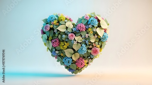 Vibrant heart shaped floral arrangement with pink roses and blue hydrangeas
