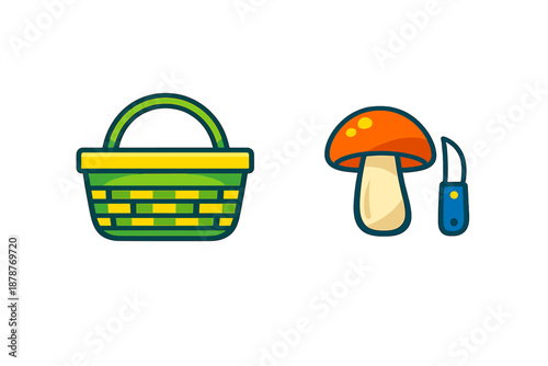 Mushroom picking basket and knife icons