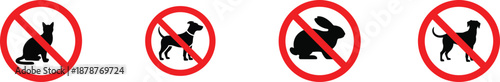 No Pets Allowed Icon Set. Featuring prohibition signs for cat, dog, and rabbit. Signifying restriction, ban, forbidden, pets absence, animal control, and regulations. Vector illustration.