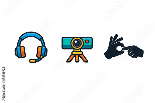 Icons of headphones, webcam, and hand gestures