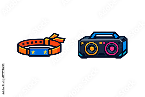 Retro boombox and festival wristband icons