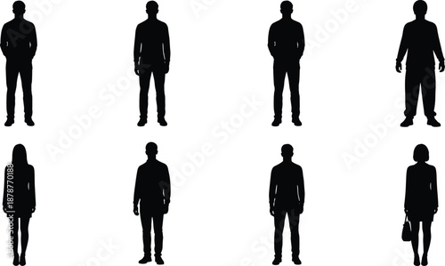 Silhouettes of eight people standing in two rows against a white background human figures