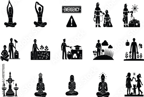 Silhouettes of people in various activities and emergency scene with firefighters