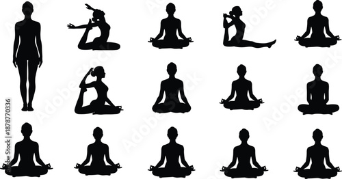 Silhouettes of people in various yoga and meditation poses
